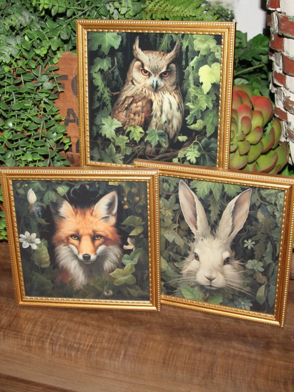 Dark Moody Woodland Bunny Rabbit Owl & Fox Academia Wall Decor Picture Set